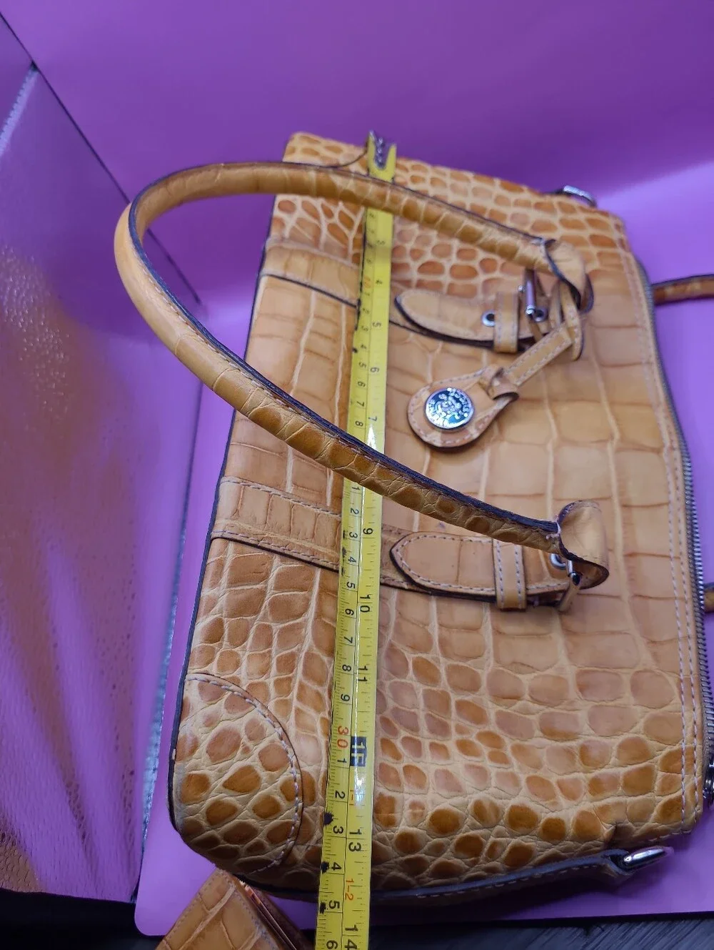 Vintage Dooney & Bourke Yellow Embossed Crocodile Handbag And Coin Purse Nile